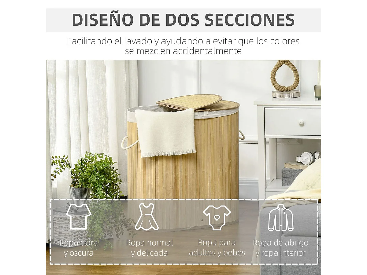Cesto para ropa sucia Ying Yang Homcom 100L 2 compartimentos natural 60,5x62,5x37 cm