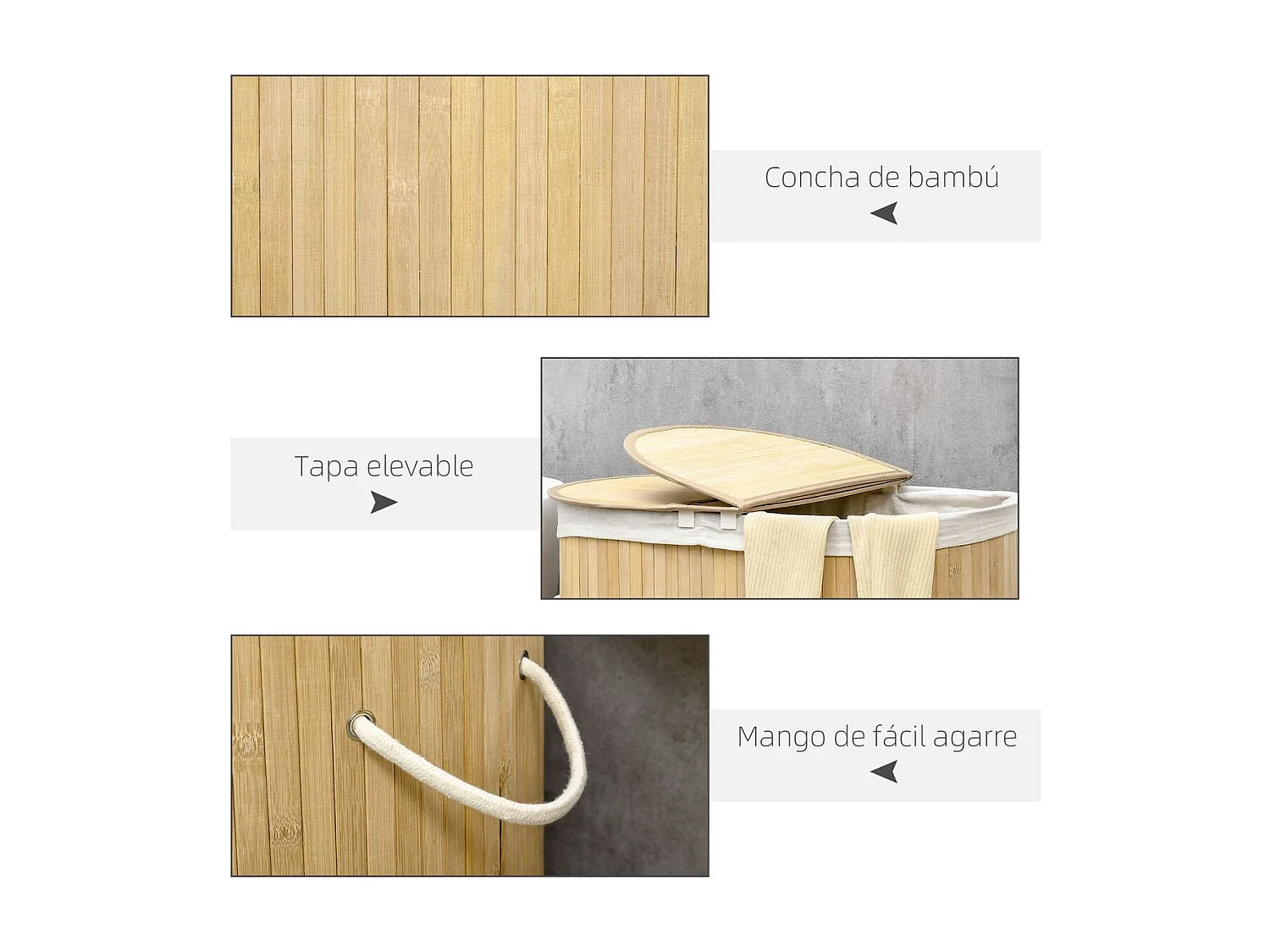 Cesto para ropa sucia Ying Yang Homcom 100L 2 compartimentos natural 60,5x62,5x37 cm