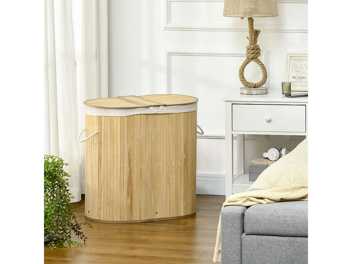 Cesto para ropa sucia Ying Yang Homcom 100L 2 compartimentos natural 60,5x62,5x37 cm