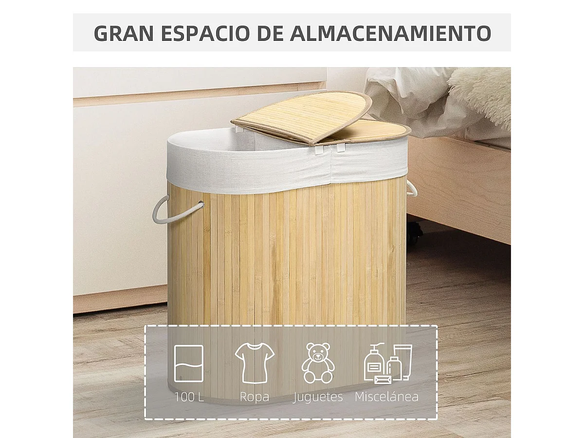 Cesto para ropa sucia Ying Yang Homcom 100L 2 compartimentos natural 60,5x62,5x37 cm