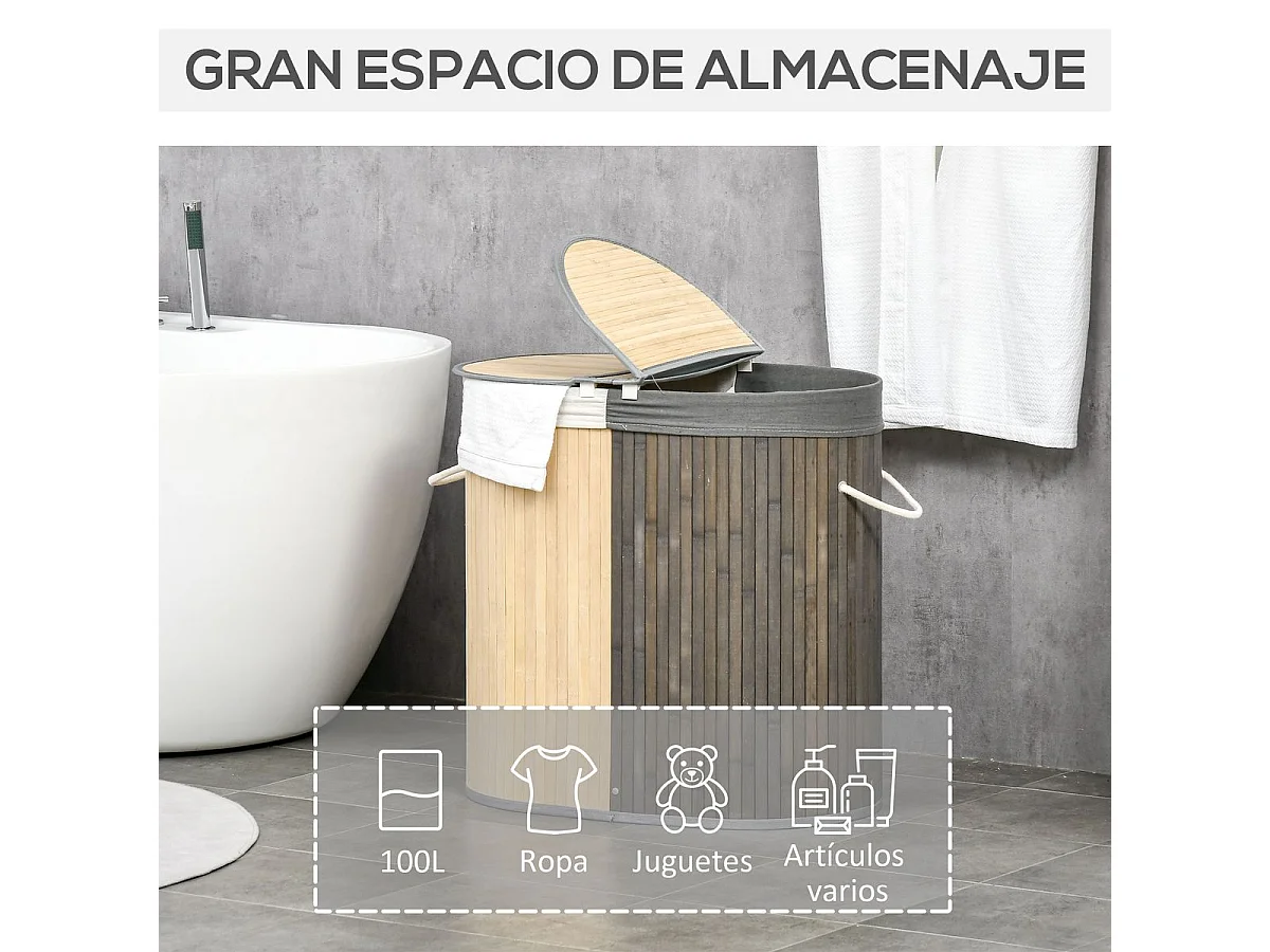 Cesto para ropa sucia Ying Yang Homcom 100L 2 compartimentos gris/natural 60,5x62,5x37 cm