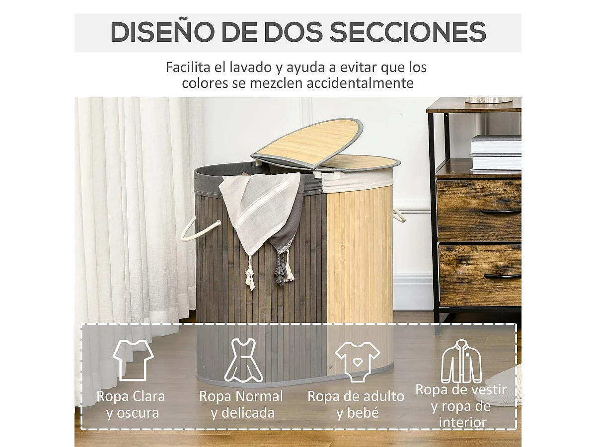 Cesto para ropa sucia Ying Yang Homcom 100L 2 compartimentos gris/natural 60,5x62,5x37 cm