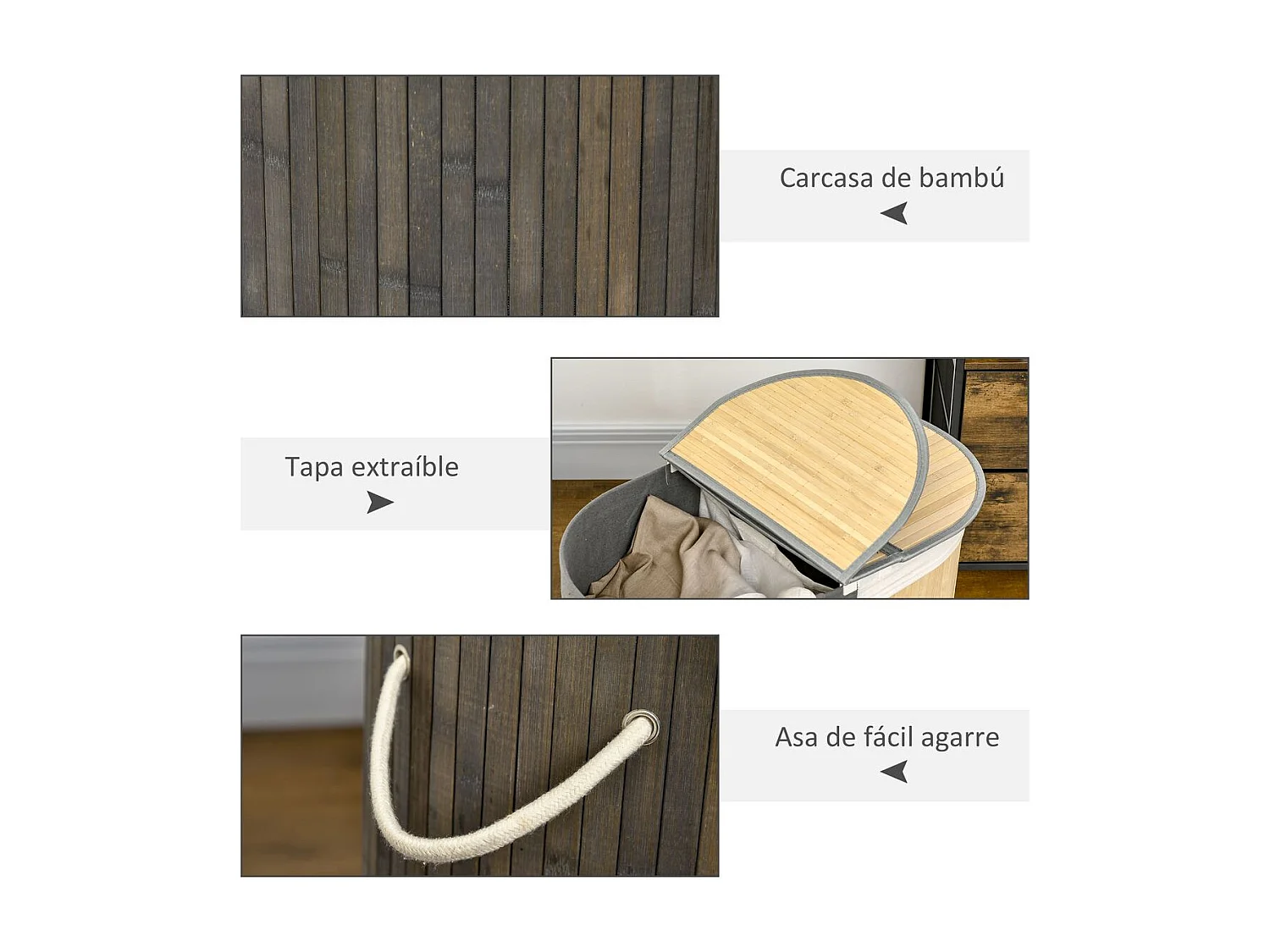 Cesto para ropa sucia Ying Yang Homcom 100L 2 compartimentos gris/natural 60,5x62,5x37 cm