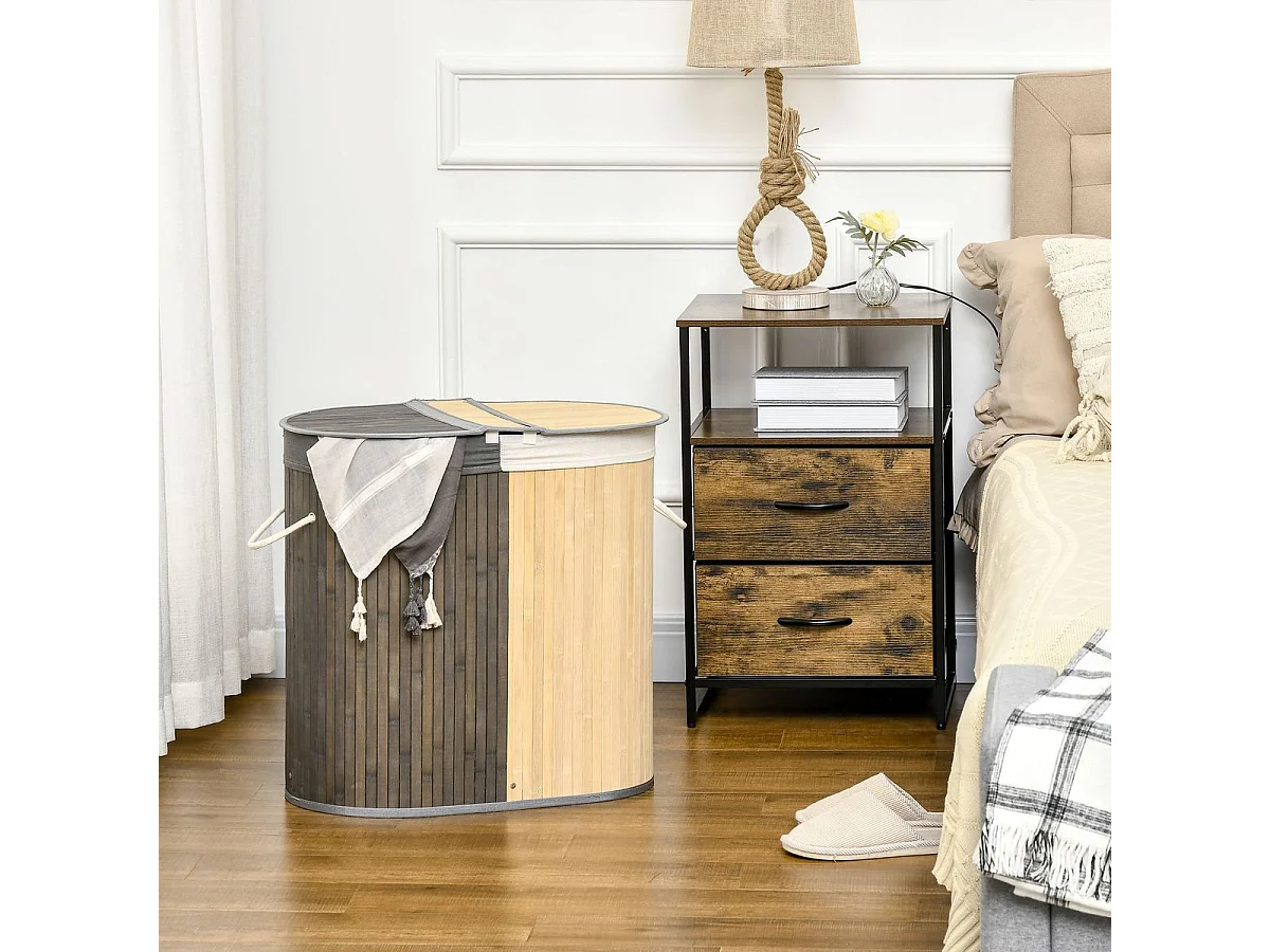 Cesto para ropa sucia Ying Yang Homcom 100L 2 compartimentos gris/natural 60,5x62,5x37 cm