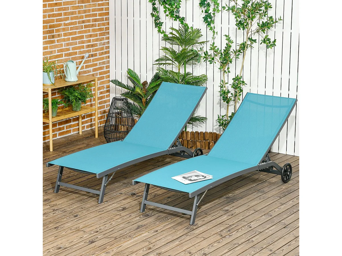 Pack de 2 tumbonas Lucas Outsunny reclinables con ruedas azul 102x165x66 cm
