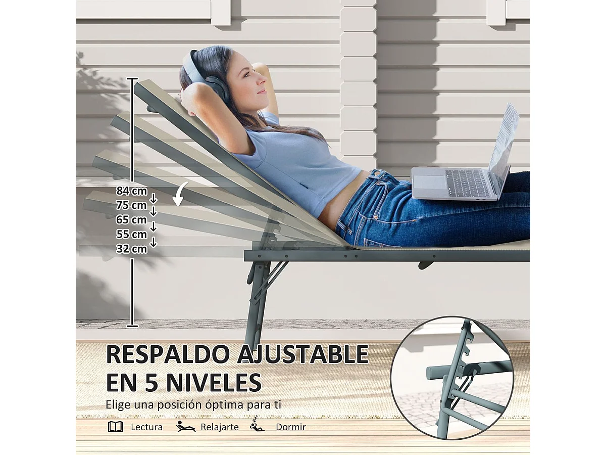 Pack de 2 tumbonas Haima Outsunny respaldo reclinable 5 posiciones beige 84x182x54 cm