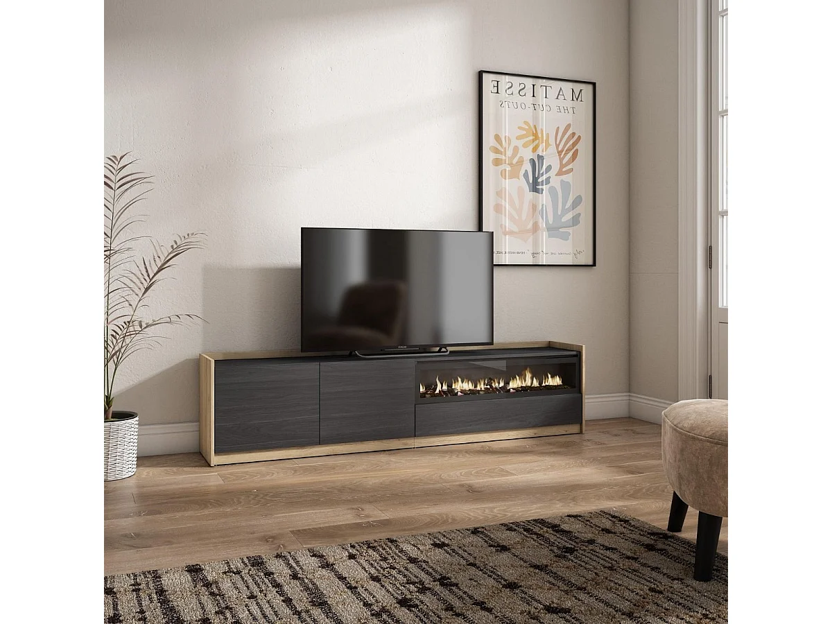 Mueble de TV Kroma 3 puertas con chimenea a la derecha negro 49,5x207,2x35 cm
