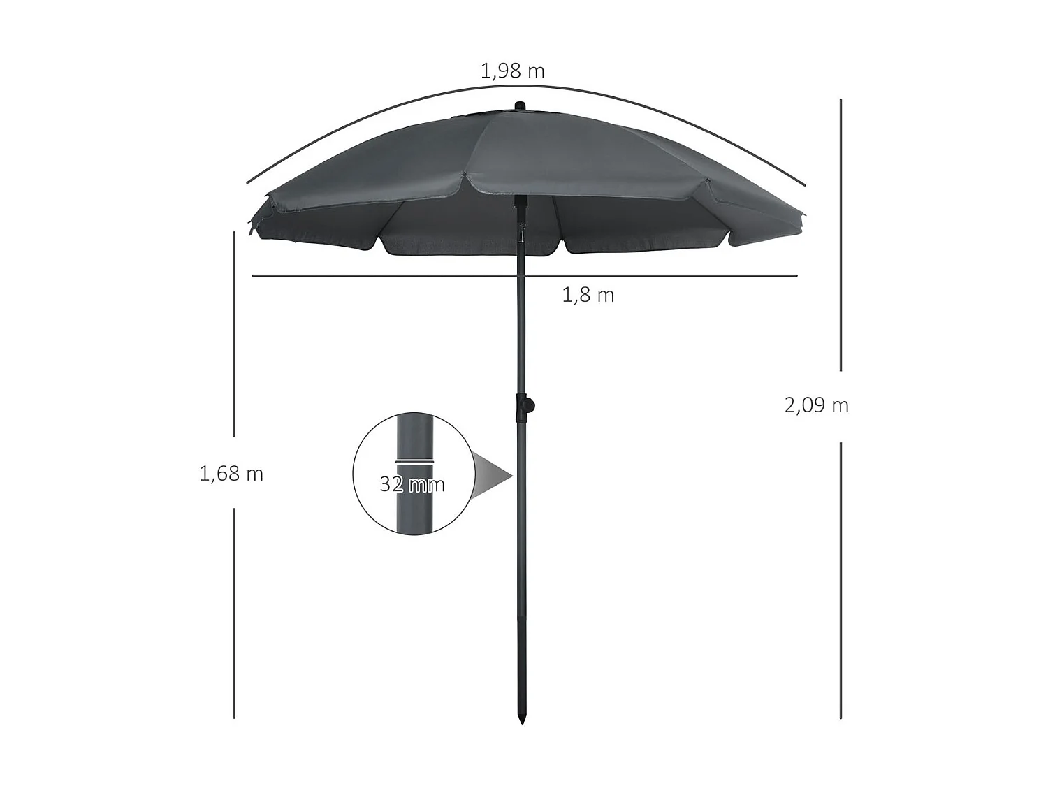Sombrilla de playa Bali Outsunny ángulo ajustable protección UV50+ gris oscuro Ø180x209 cm
