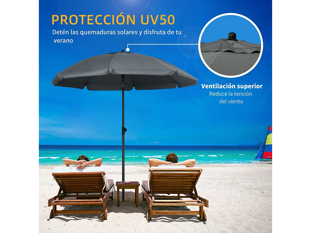 Sombrilla de playa Bali Outsunny ángulo ajustable protección UV50+ gris oscuro Ø180x209 cm