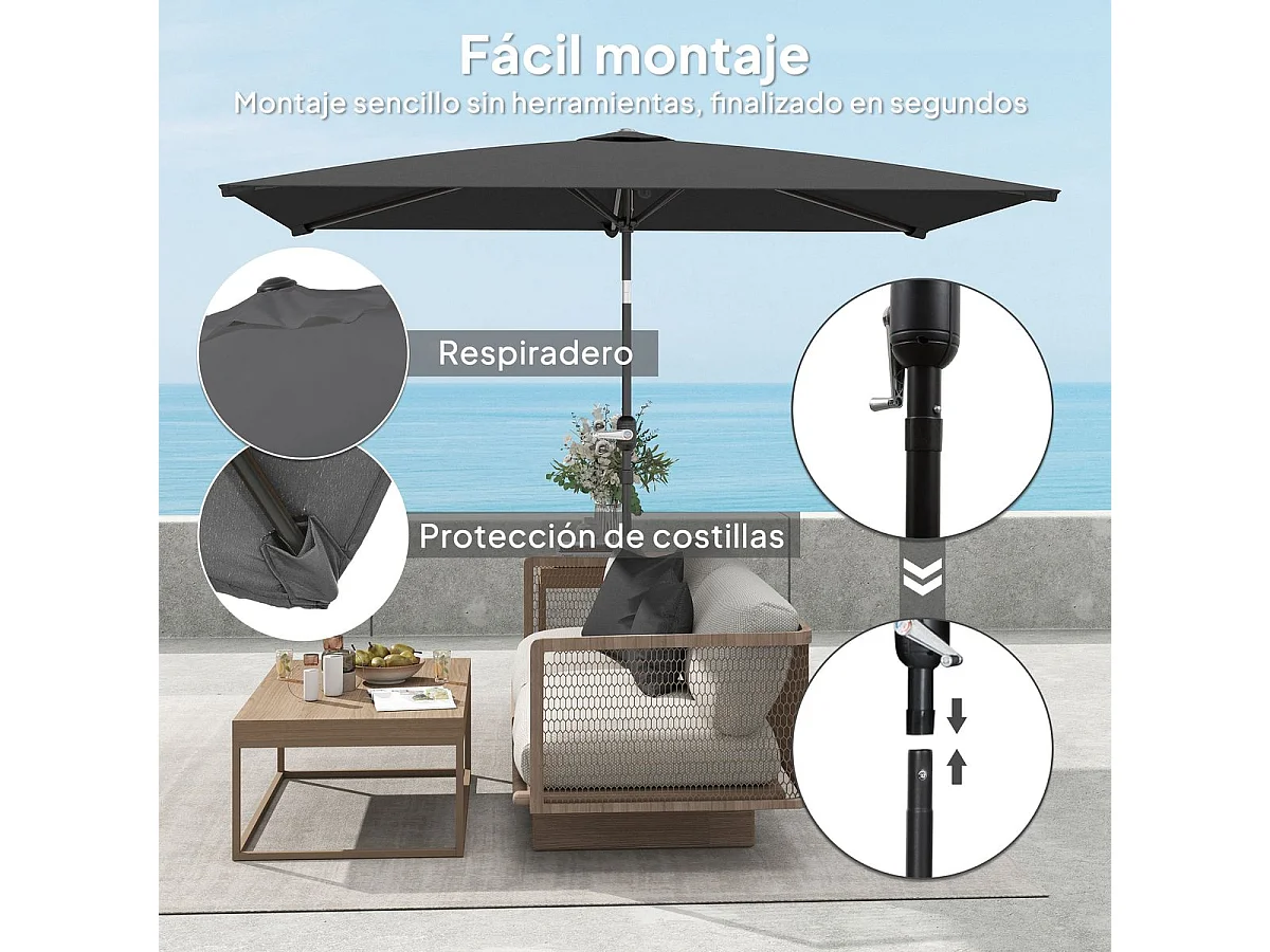 Sombrilla de terraza Annia Outsunny con manivela ángulo ajustable gris oscuro 255x198x294 cm