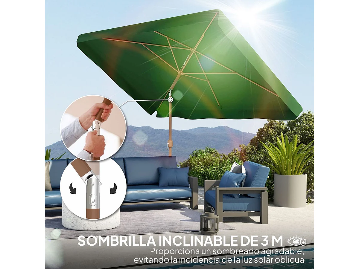 Sombrilla de terraza Loto Outsunny con manivela y ángulo ajustable verde 245x300x200 cm