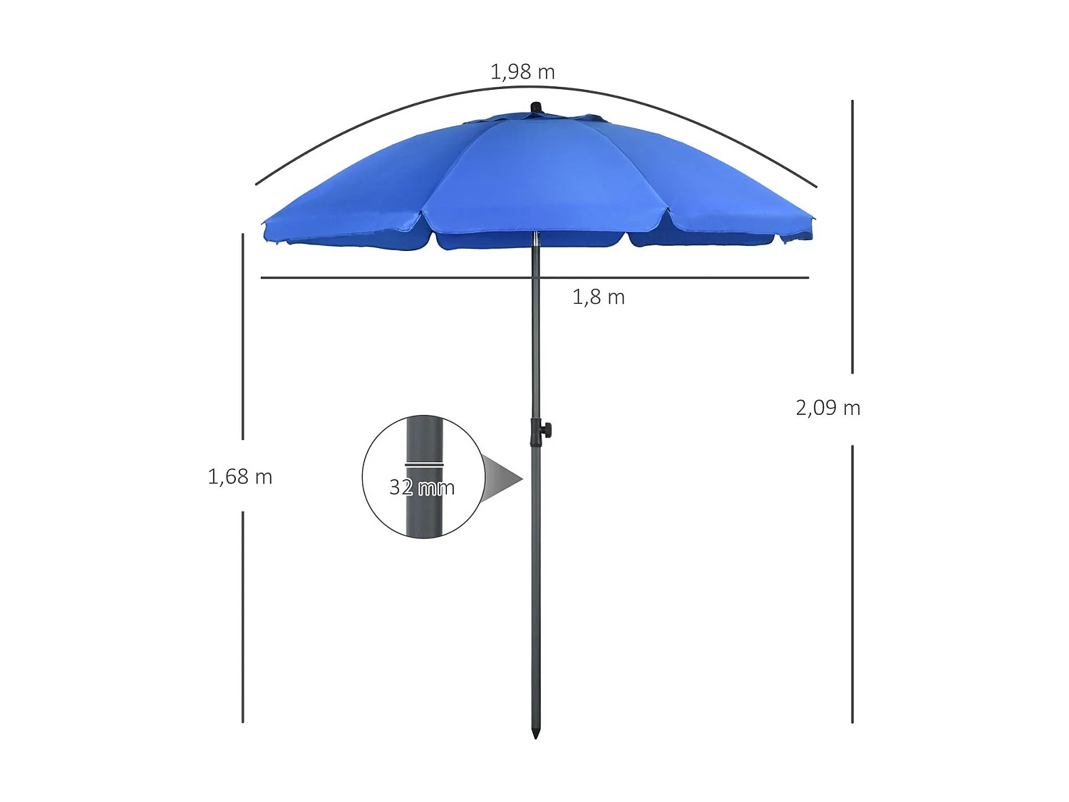 Sombrilla de playa Bali Outsunny ángulo ajustable protección UV50+ azul Ø180x209 cm
