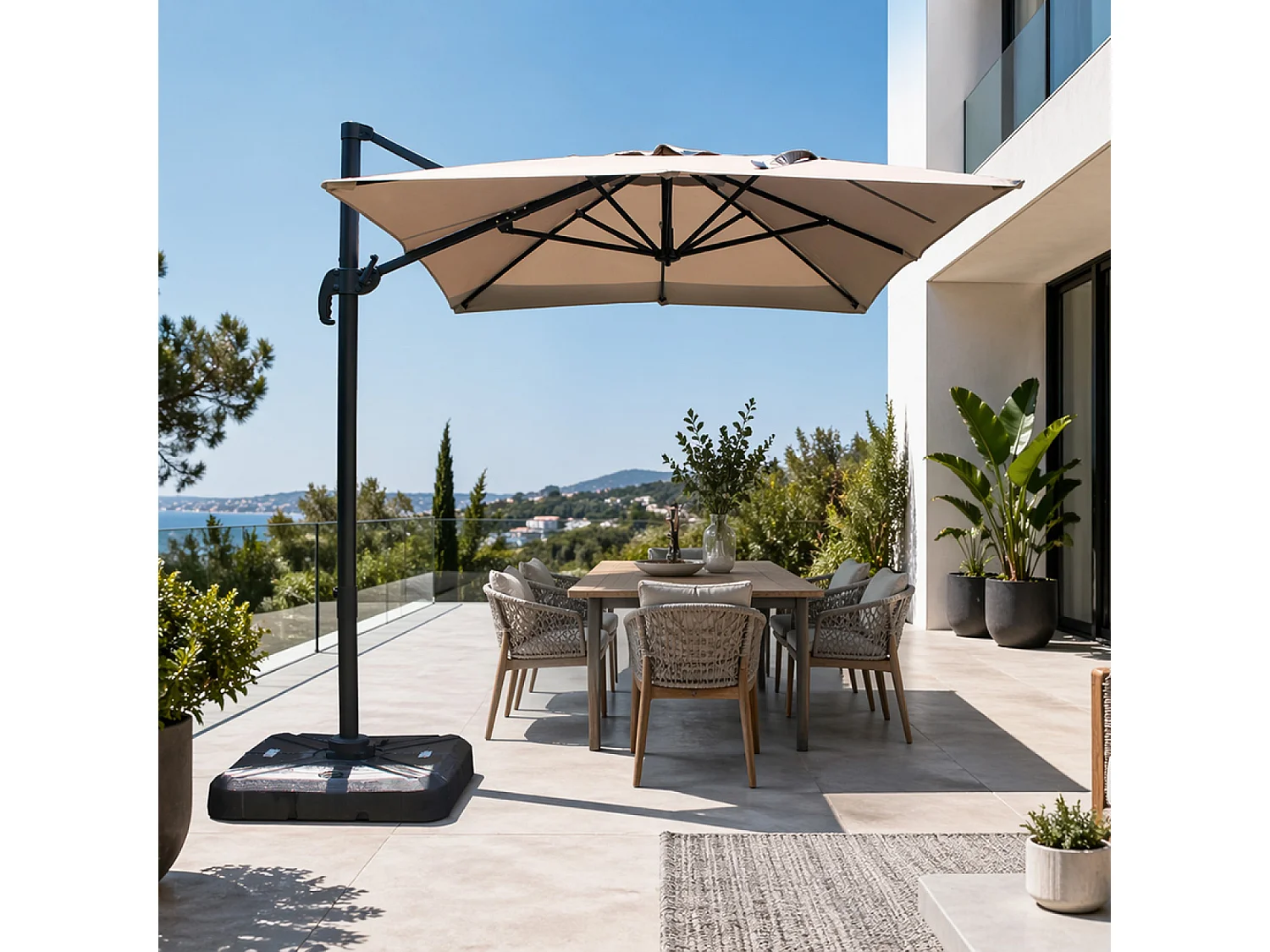 Parasol rectangulaire 2x3m déporté rotatif gris PIANA