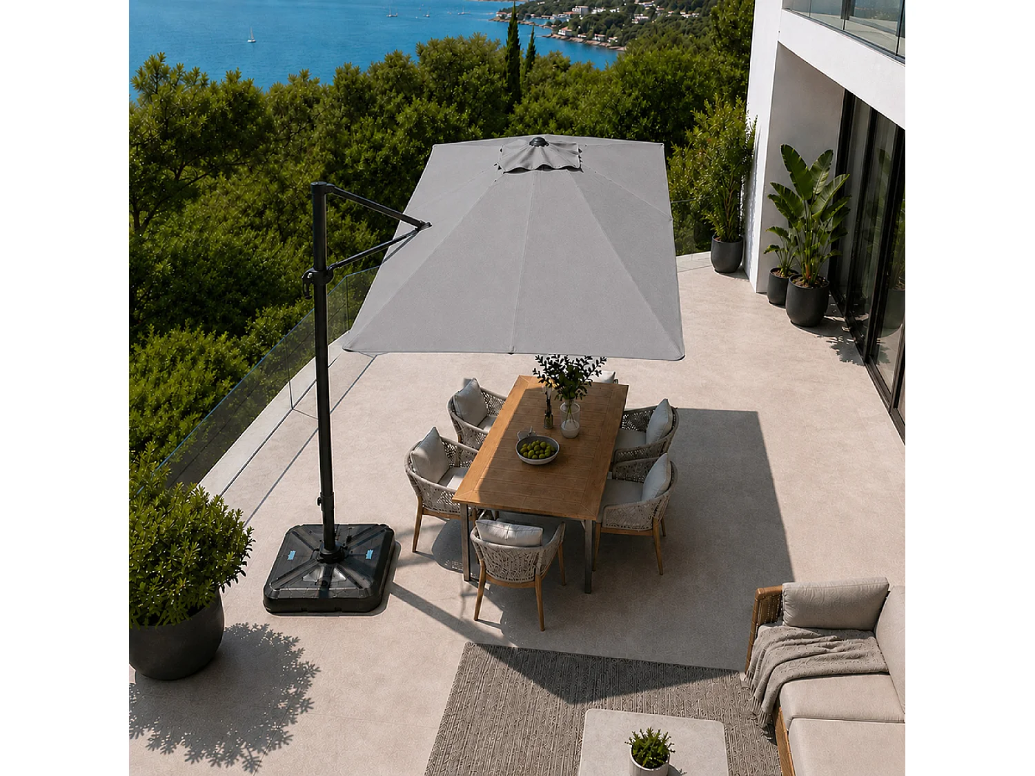 Parasol rectangulaire 2x3m déporté rotatif gris PIANA