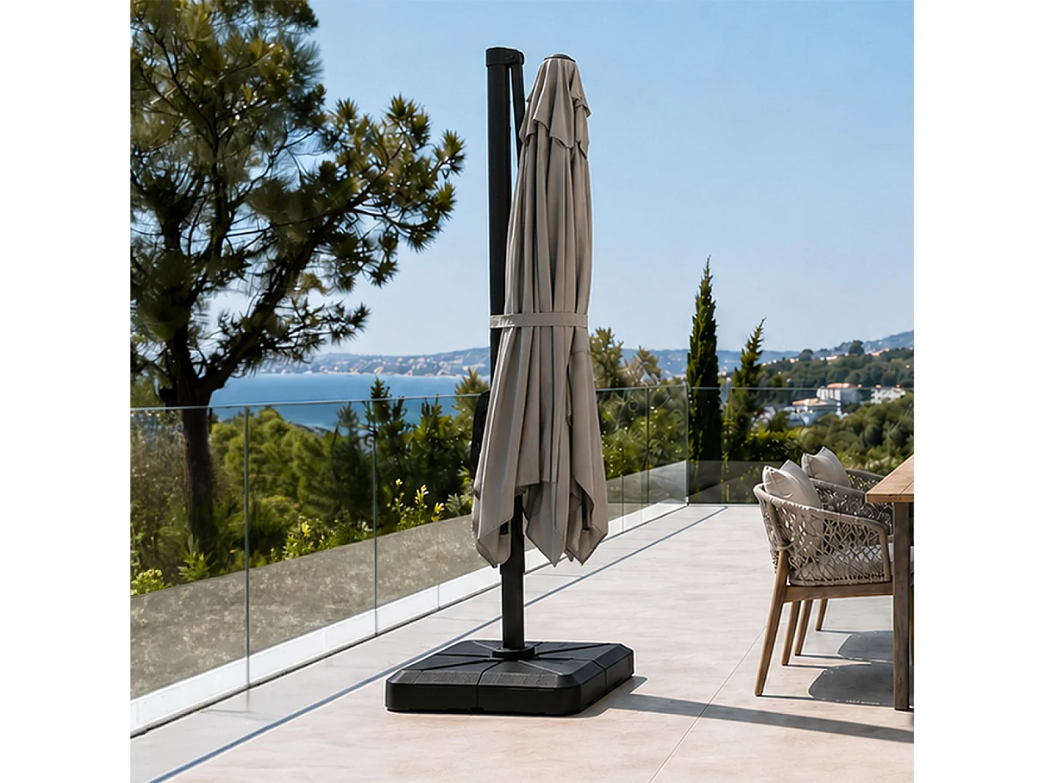 Parasol rectangulaire 2x3m déporté rotatif gris PIANA