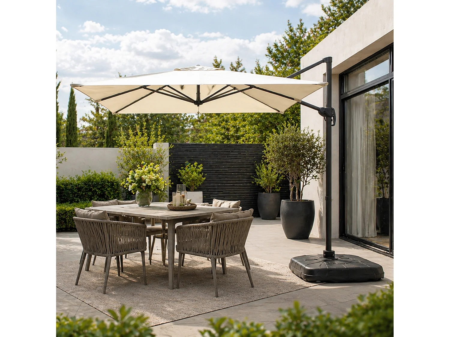 Parasol rectangulaire 2x3m déporté rotatif écru PIANA