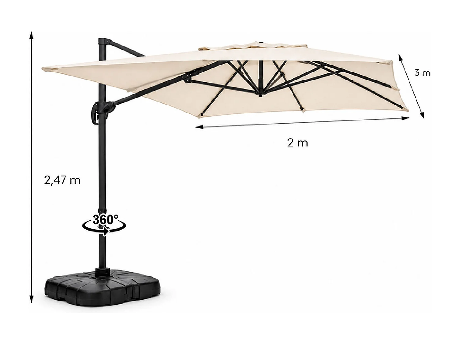 Parasol rectangulaire 2x3m déporté rotatif écru PIANA