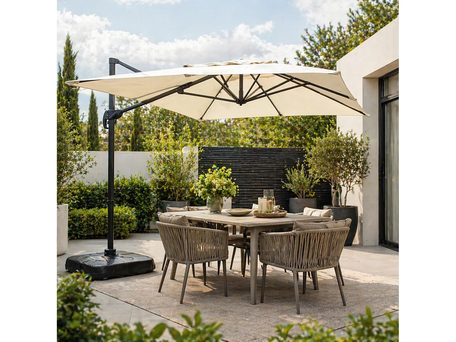 Parasol rectangulaire 2x3m déporté rotatif écru PIANA