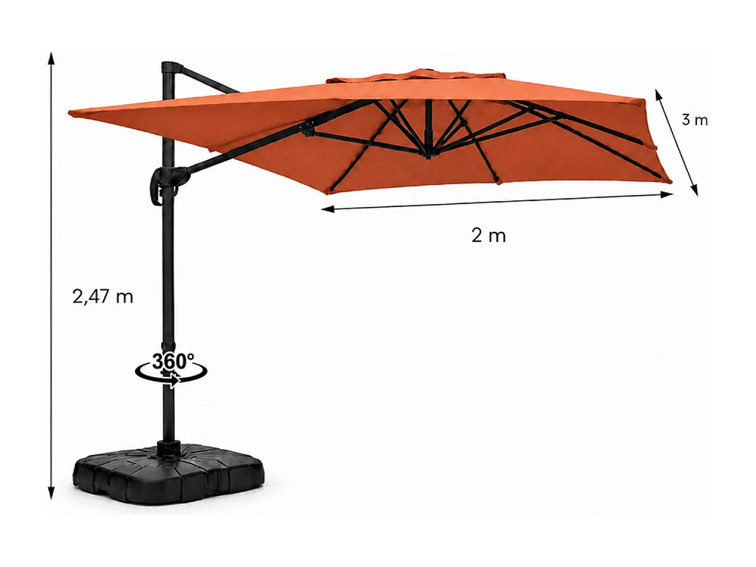 Parasol rectangulaire 2x3m déporté rotatif terracota PIANA