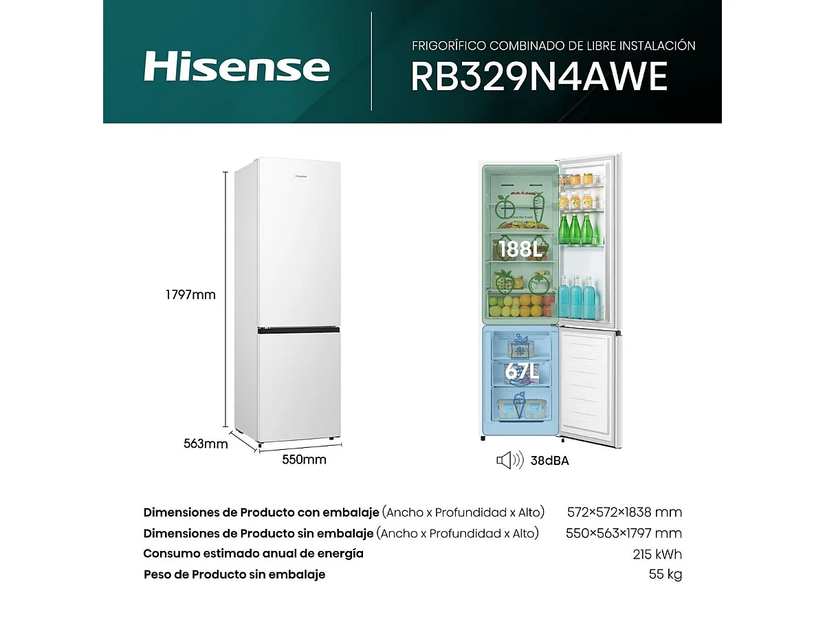 Frigorífico combi Hisense RB329N4AWE 255L Total No Frost E blanco 180 cm