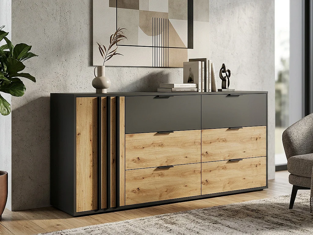 Commode 6 tiroirs et 1 porte - Noir et naturel - TUNALO