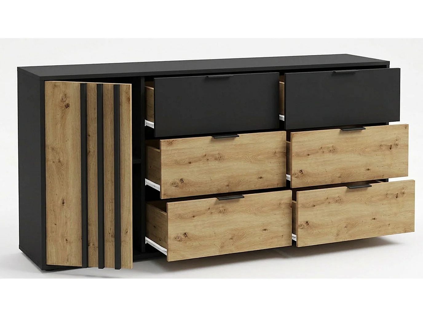 Commode 6 tiroirs et 1 porte - Noir et naturel - TUNALO