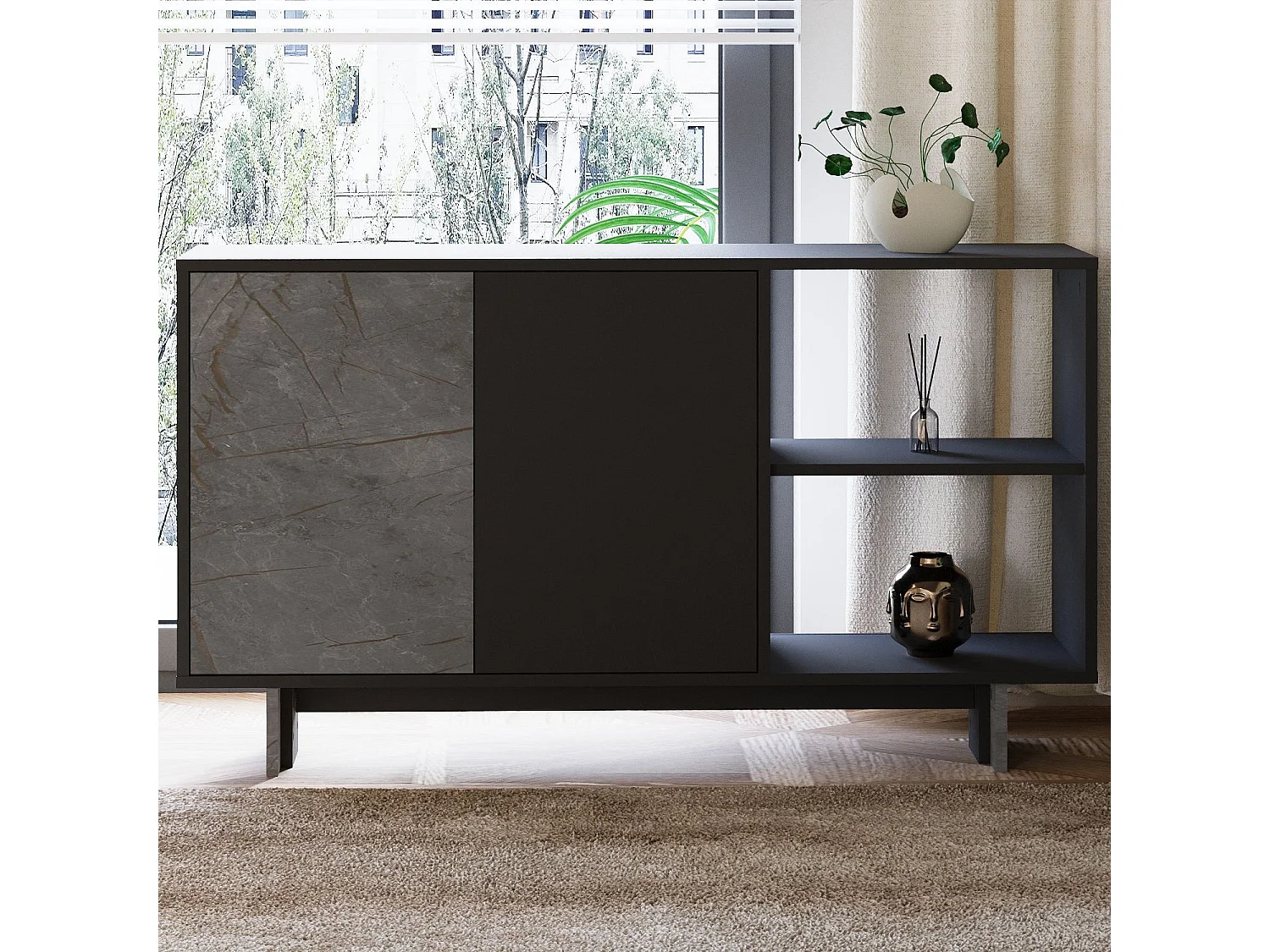Buffet en bois "Ravello" - 140 x 35 x 80 cm - Gris anthracite marbré