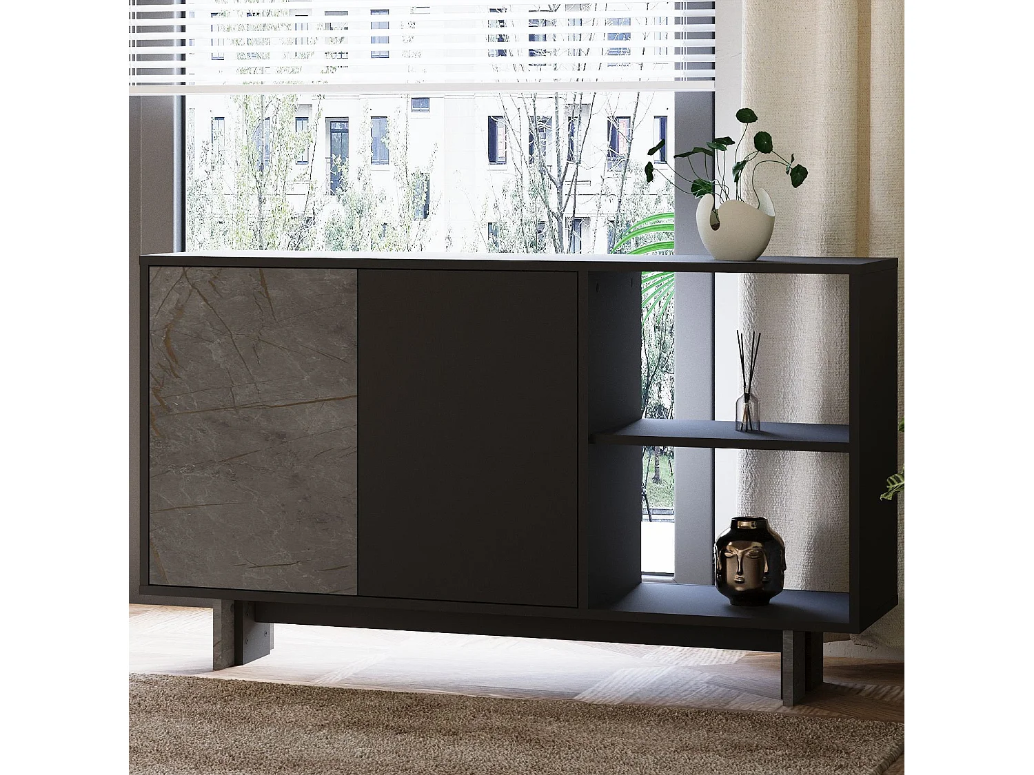 Buffet en bois "Ravello" - 140 x 35 x 80 cm - Gris anthracite marbré