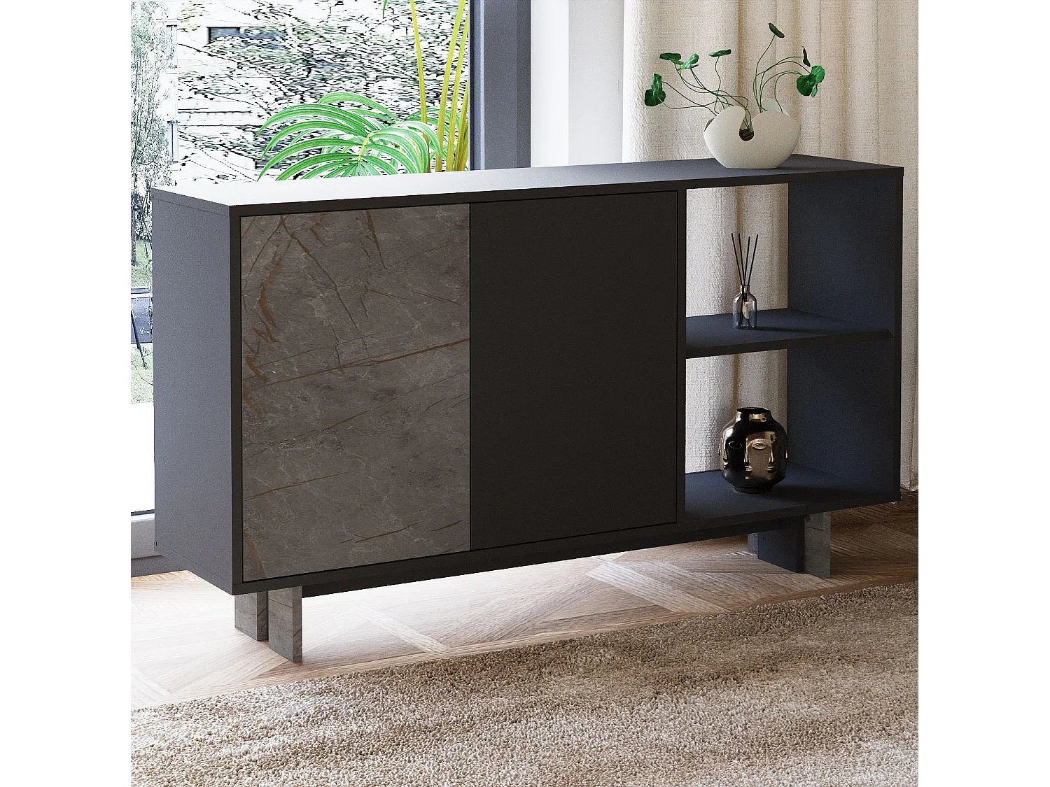 Buffet en bois "Ravello" - 140 x 35 x 80 cm - Gris anthracite marbré