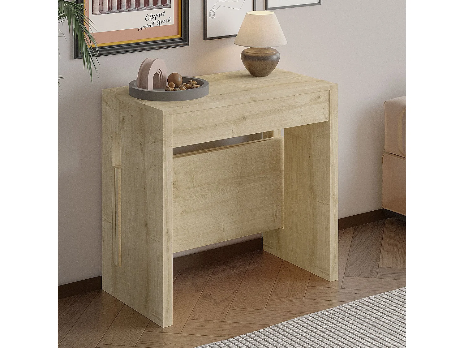 Table repas extensible en bois "Nivo" - 80 x 44 x 76 cm - Beige