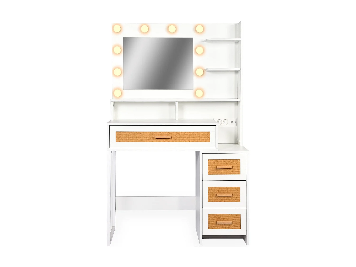 Coiffeuse 4 tiroirs et miroir LED 3 couleurs Miraclas L92cm Bois Blanc et Rotin