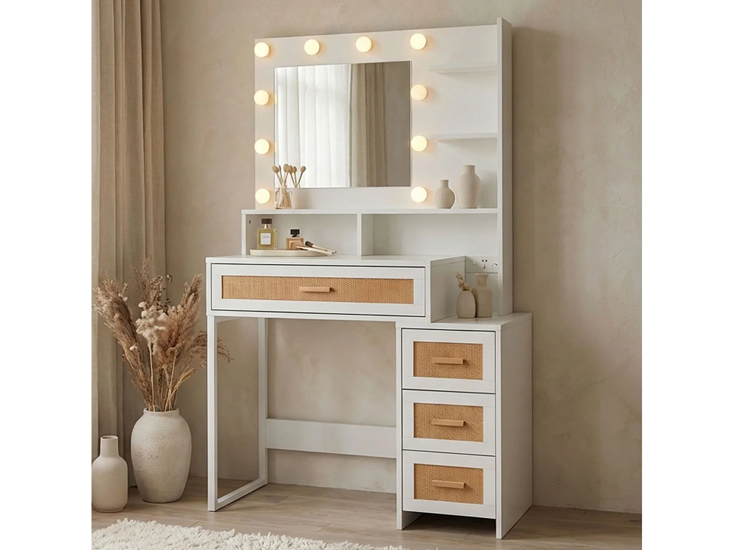 Coiffeuse 4 tiroirs et miroir LED 3 couleurs Miraclas L92cm Bois Blanc et Rotin