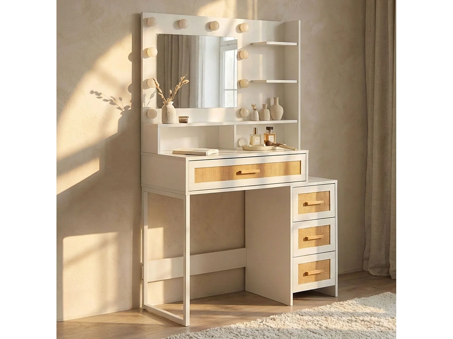 Coiffeuse 4 tiroirs et miroir LED 3 couleurs Miraclas L92cm Bois Blanc et Rotin