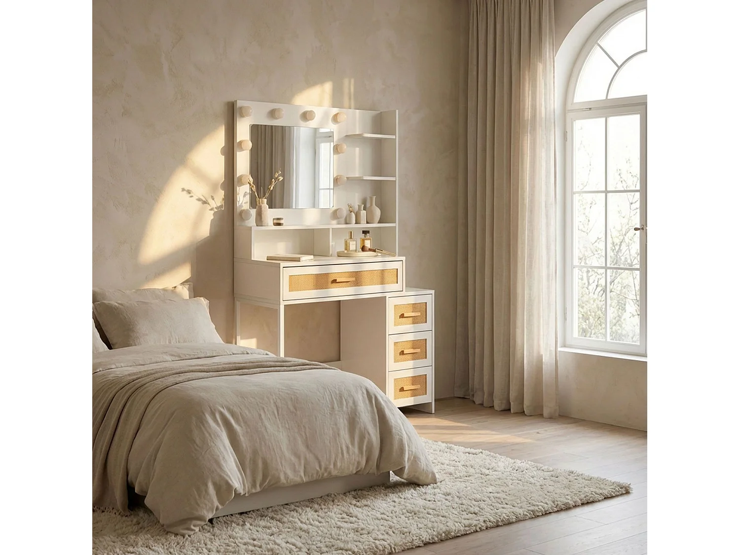 Coiffeuse 4 tiroirs et miroir LED 3 couleurs Miraclas L92cm Bois Blanc et Rotin