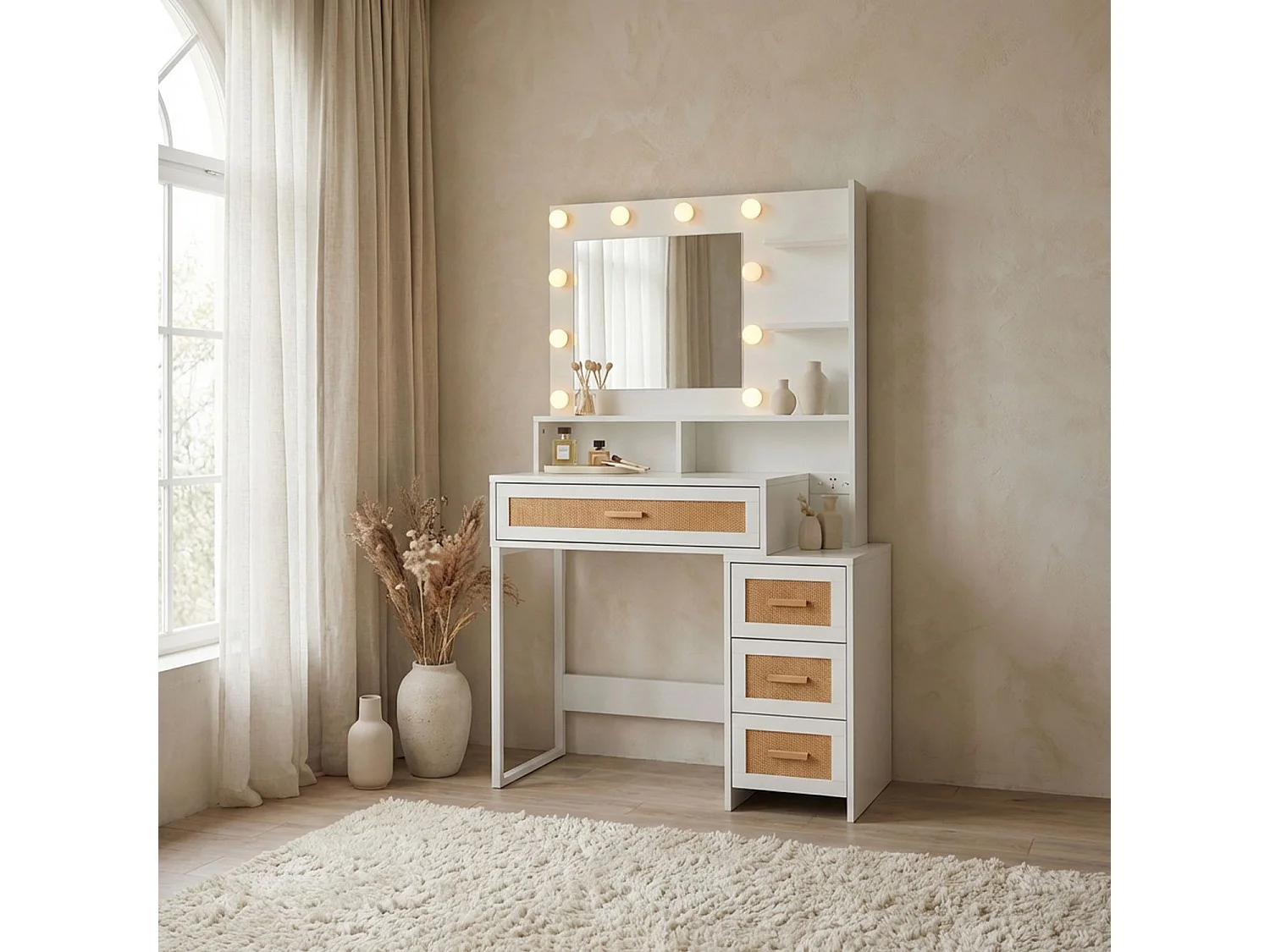 Coiffeuse 4 tiroirs et miroir LED 3 couleurs Miraclas L92cm Bois Blanc et Rotin