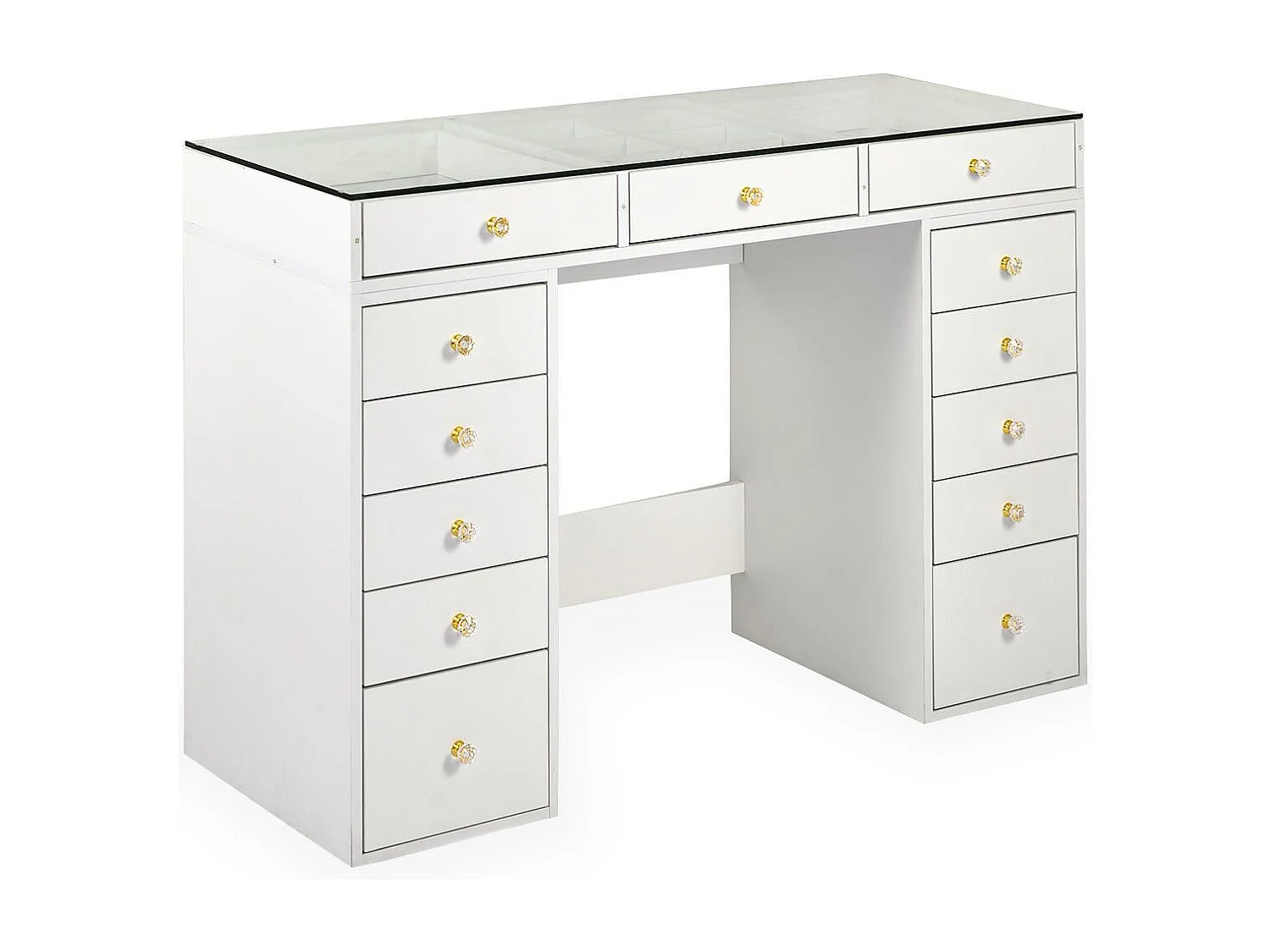 Coiffeuse moderne avec 13 tiroirs et plateau en verre transparent L120cm Probeauty Blanc