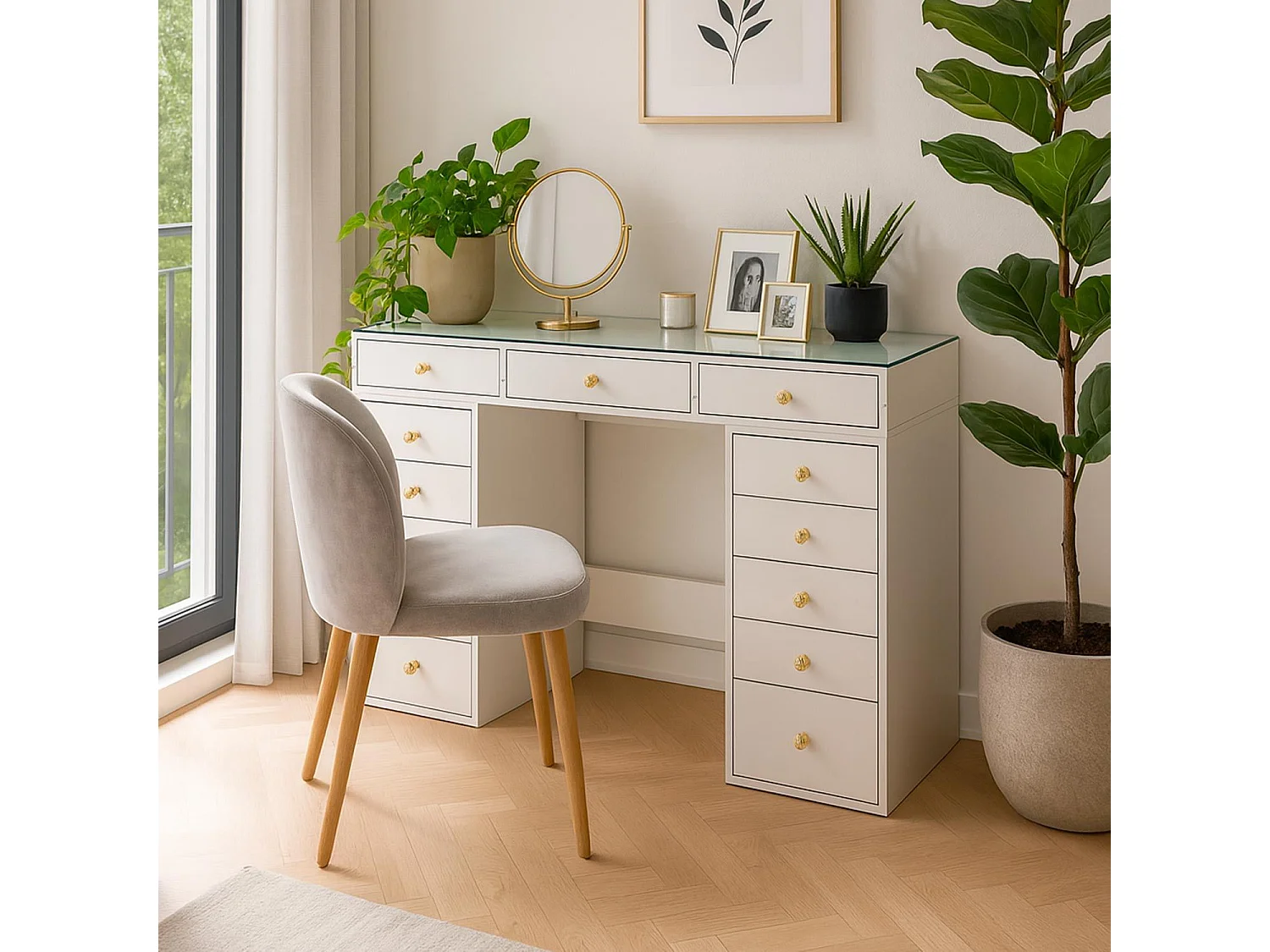 Coiffeuse moderne avec 13 tiroirs et plateau en verre transparent L120cm Probeauty Blanc