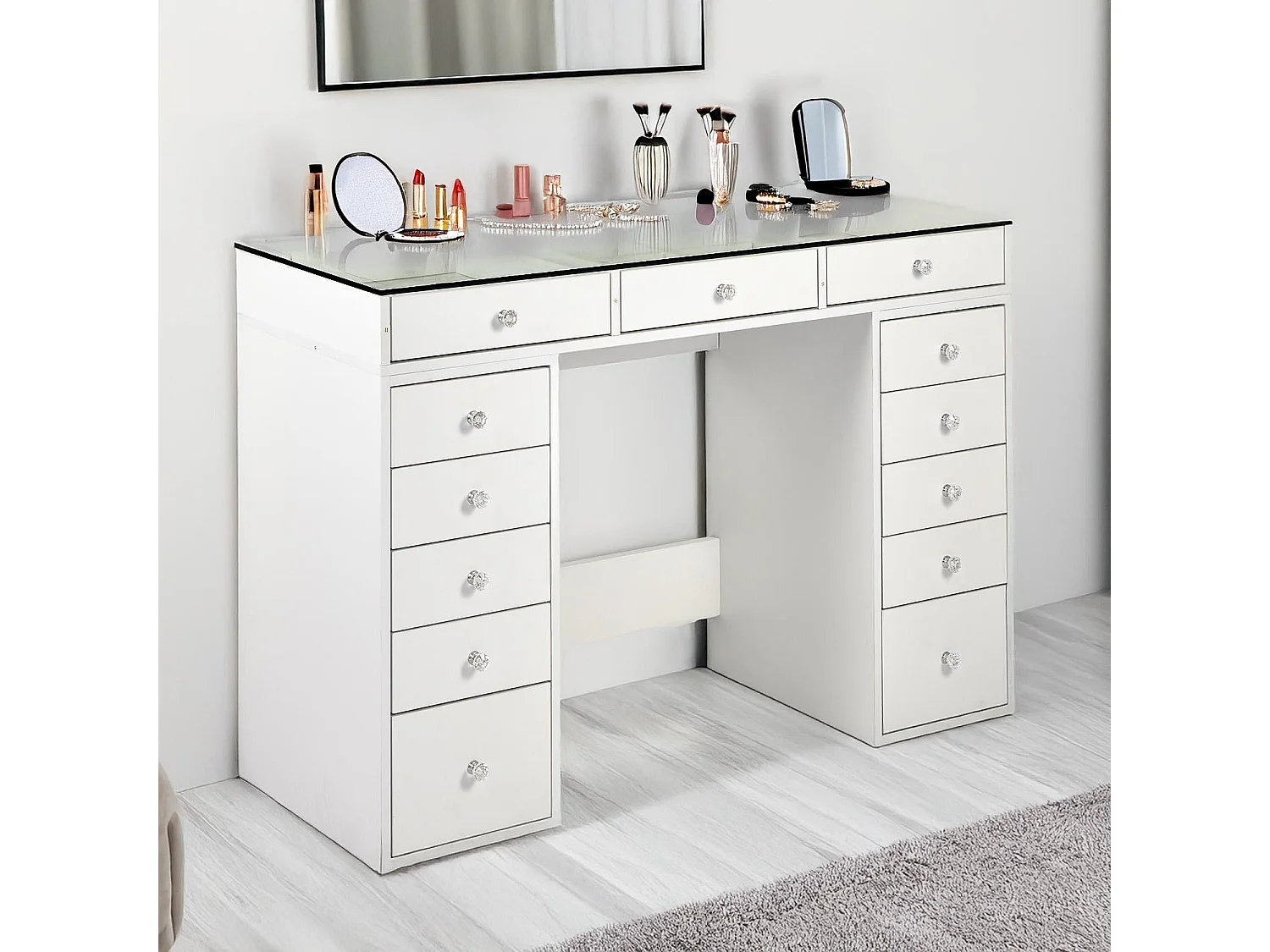Coiffeuse moderne avec 13 tiroirs et plateau en verre transparent L120cm Probeauty Blanc