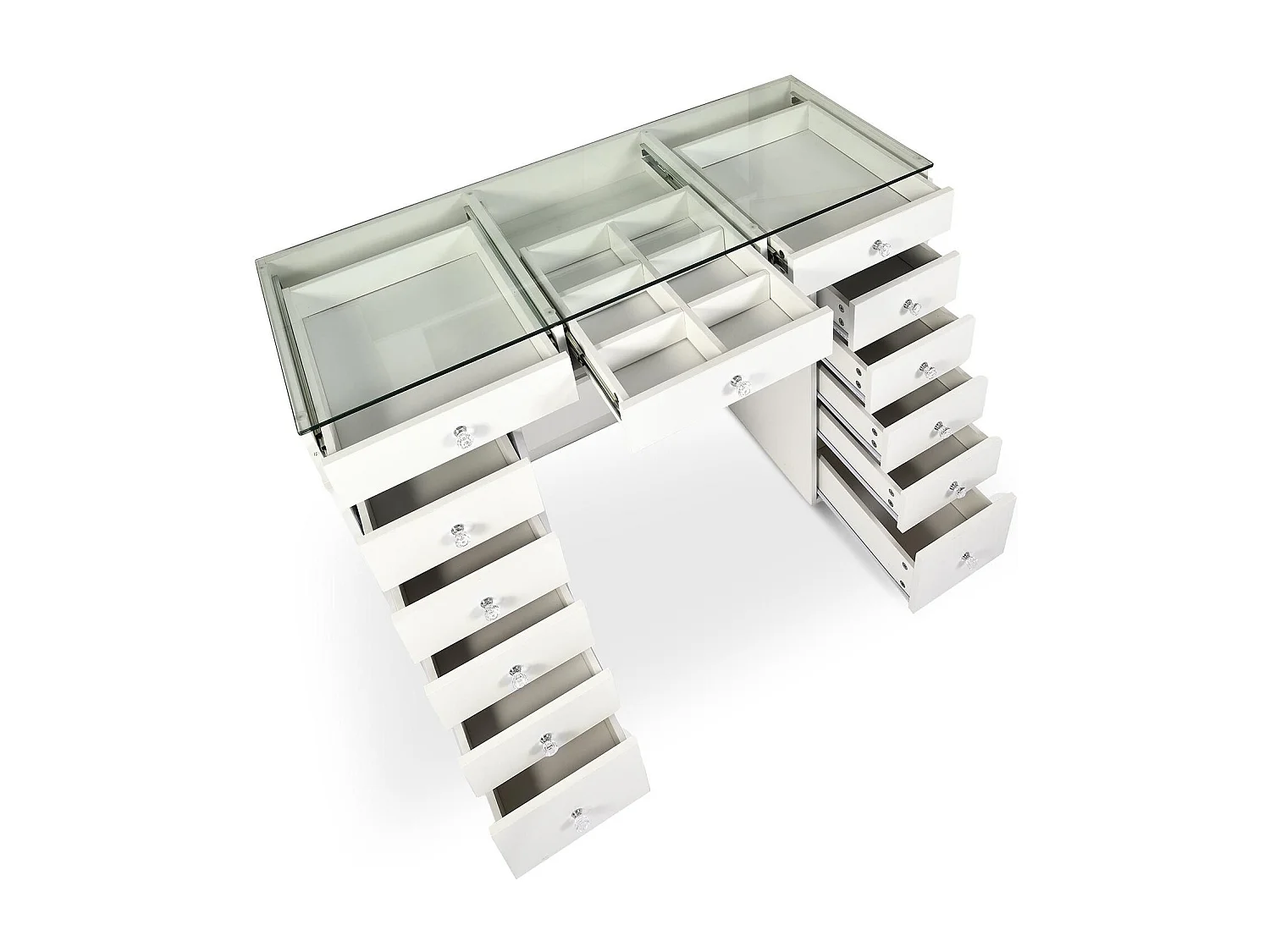 Coiffeuse moderne avec 13 tiroirs et plateau en verre transparent L120cm Probeauty Blanc