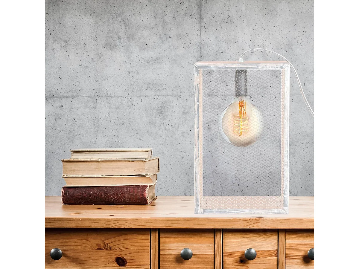Lampe à Poser Bois & Métal "Cadre" 29cm Blanc & Naturel