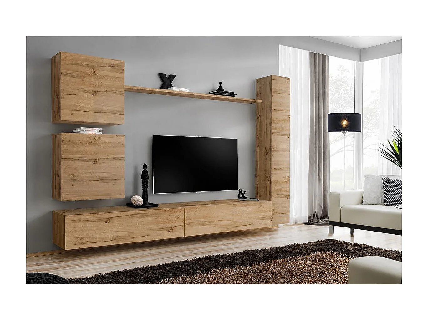 Meuble TV Mural Design "Switch VIII" 280cm Naturel