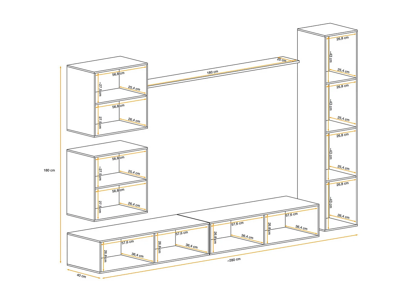 Meuble TV Mural Design "Switch VIII" 280cm Naturel