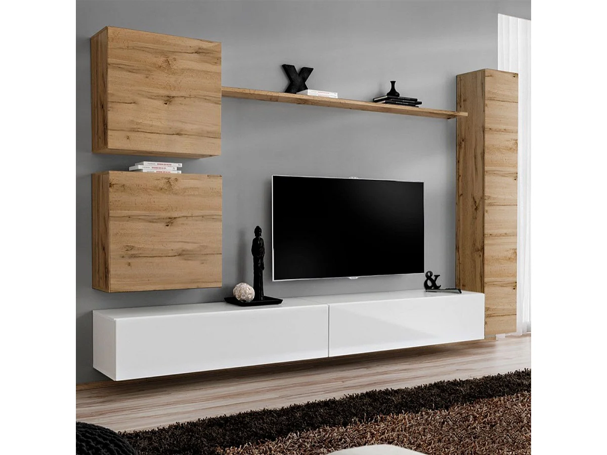 Meuble TV Mural Design "Switch VIII" 280cm Naturel & Blanc