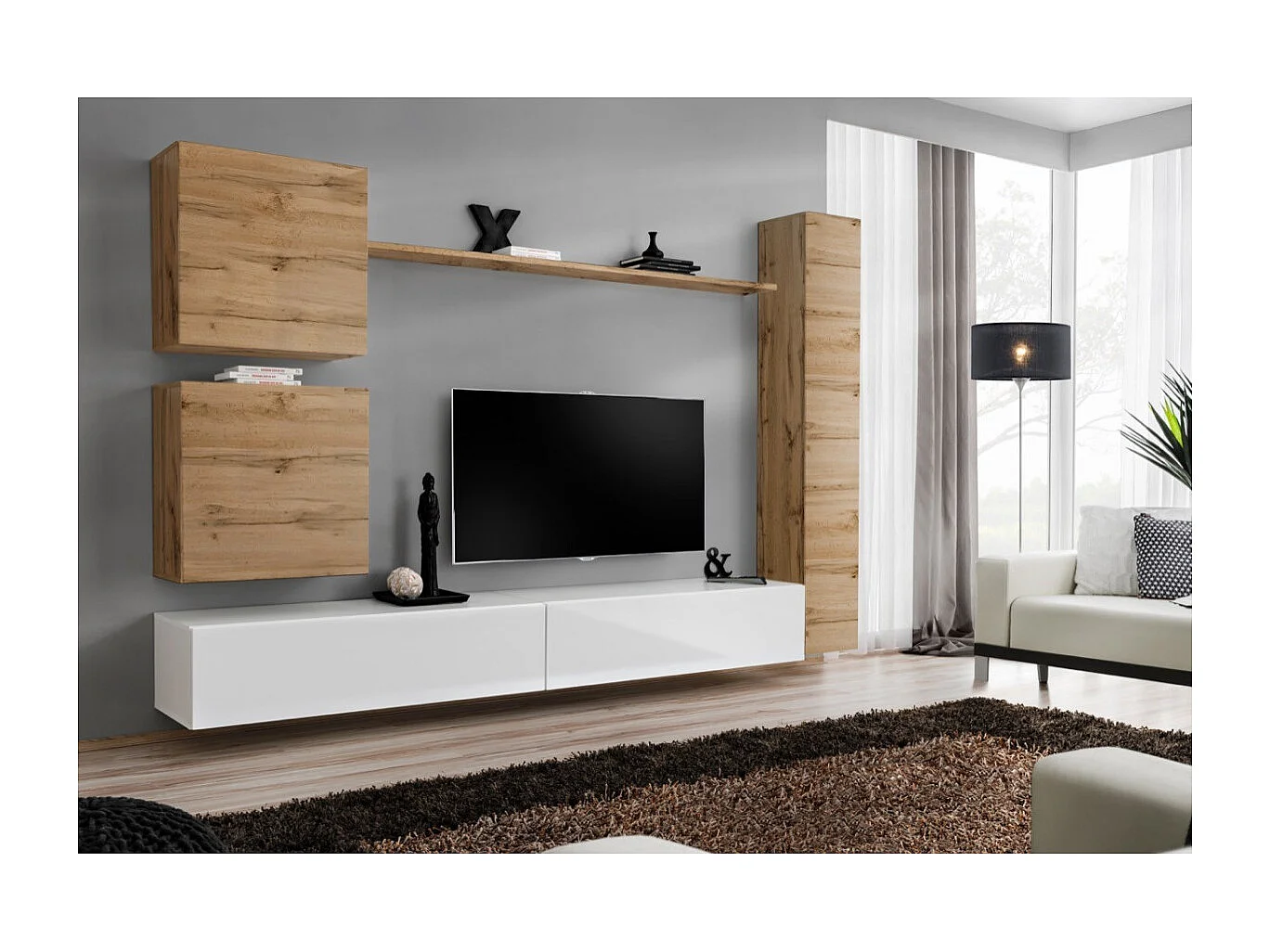 Meuble TV Mural Design "Switch VIII" 280cm Naturel & Blanc