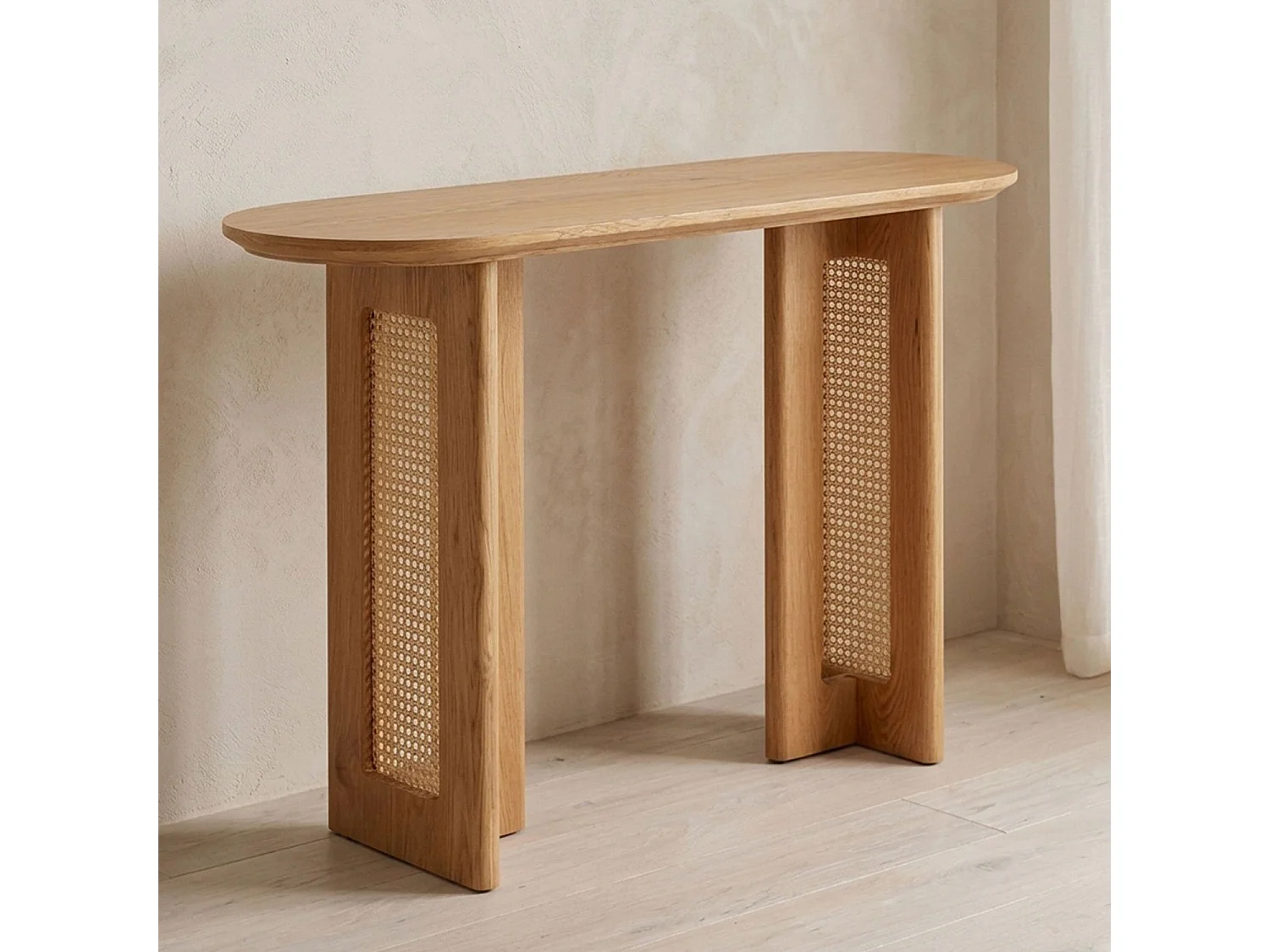 Console avec cannage 40x120cm Bohemia Chêne clair et Rotin
