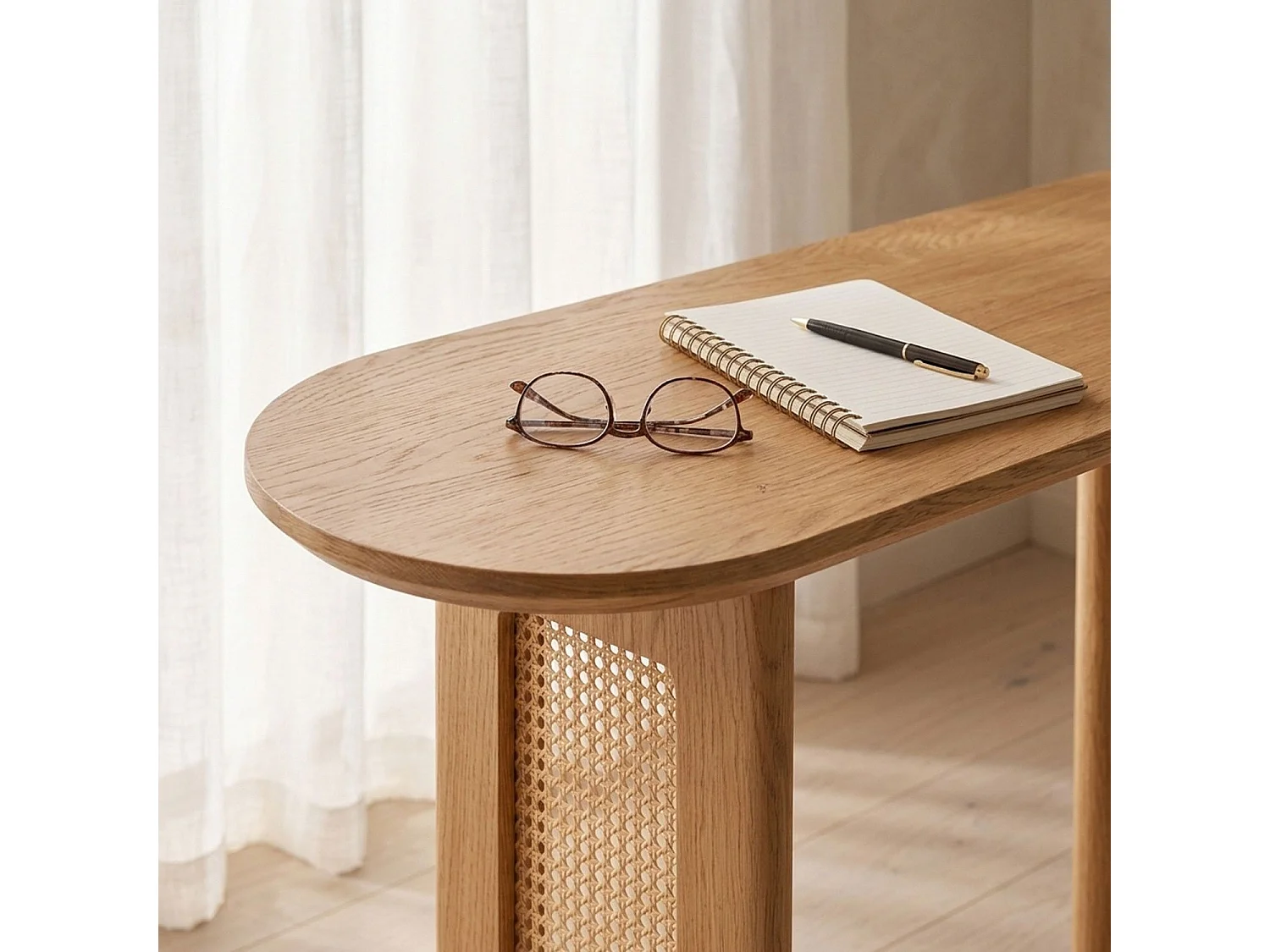 Console avec cannage 40x120cm Bohemia Chêne clair et Rotin
