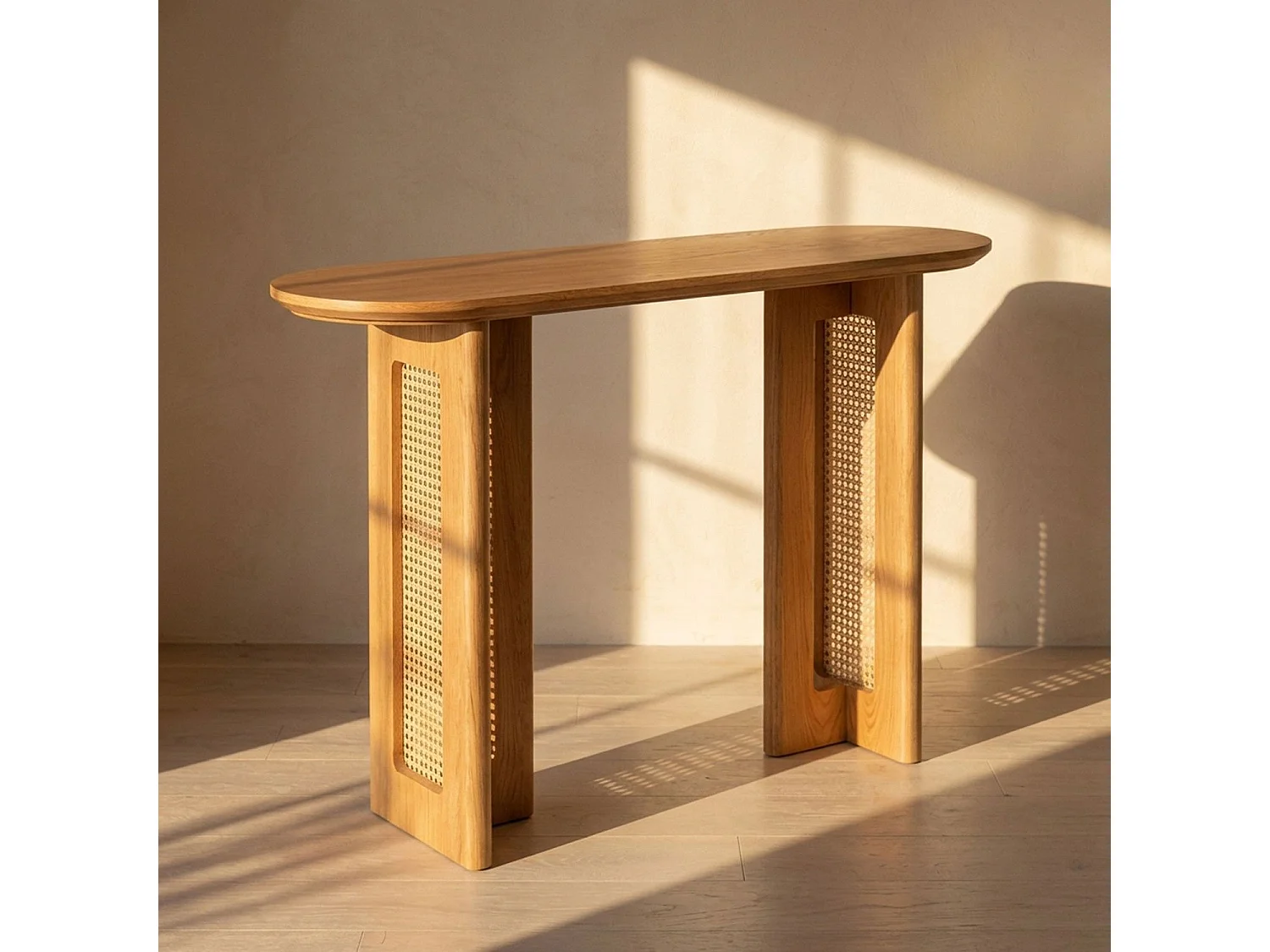 Console avec cannage 40x120cm Bohemia Chêne clair et Rotin