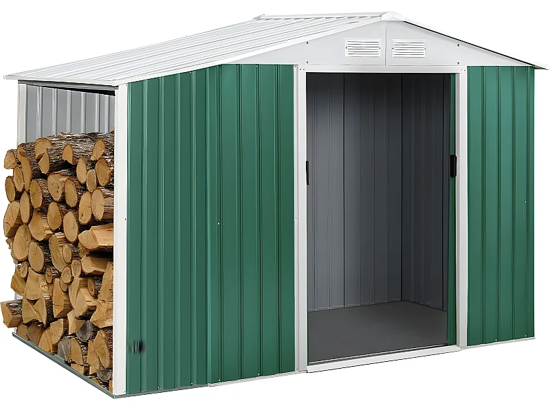 Abrigo de jardim em metal "Rosas" 2,71 m² com abrigo para lenha para armazenamento externo simples e organizado