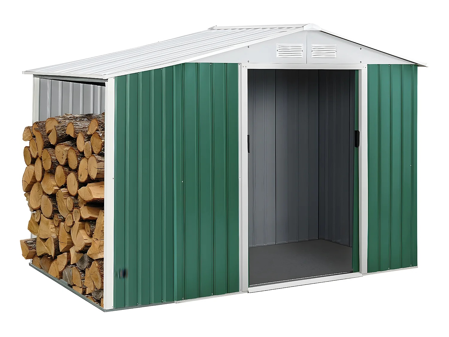 Abrigo de jardim em metal "Rosas" 2,71 m² com abrigo para lenha para armazenamento externo simples e organizado