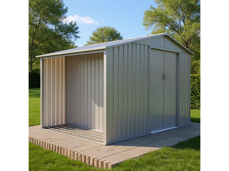 Casetta da giardino in metallo con portalegna integrato – Effetto Legno Invecchiato - 5,3 m²